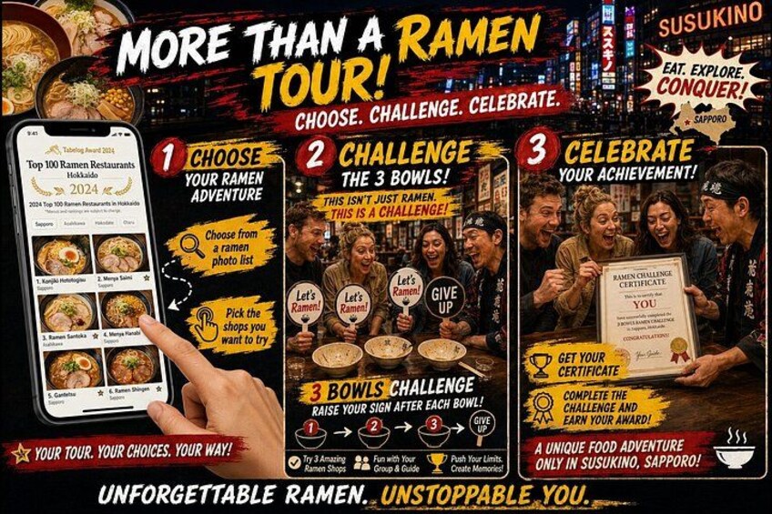 A promotional poster for a ramen tour in Susukino, Sapporo, featuring a smartphone interface, ramen bowls, and a certificate. 2