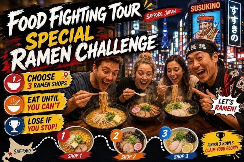 A promotional poster for a ramen challenge in Sapporo, Japan, featuring three ramen shops and a sushi shop. 1