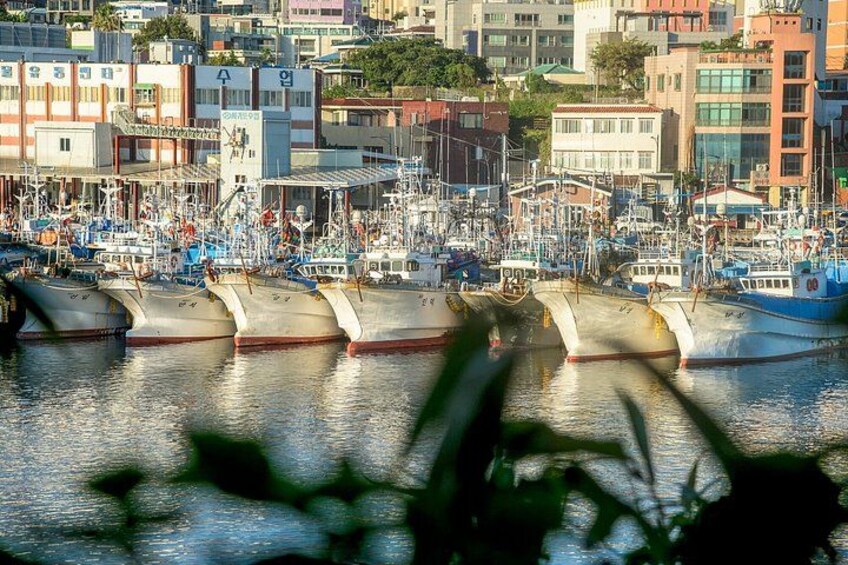 A harbor with multiple boats docked, a bridge, and buildings in the background. 4