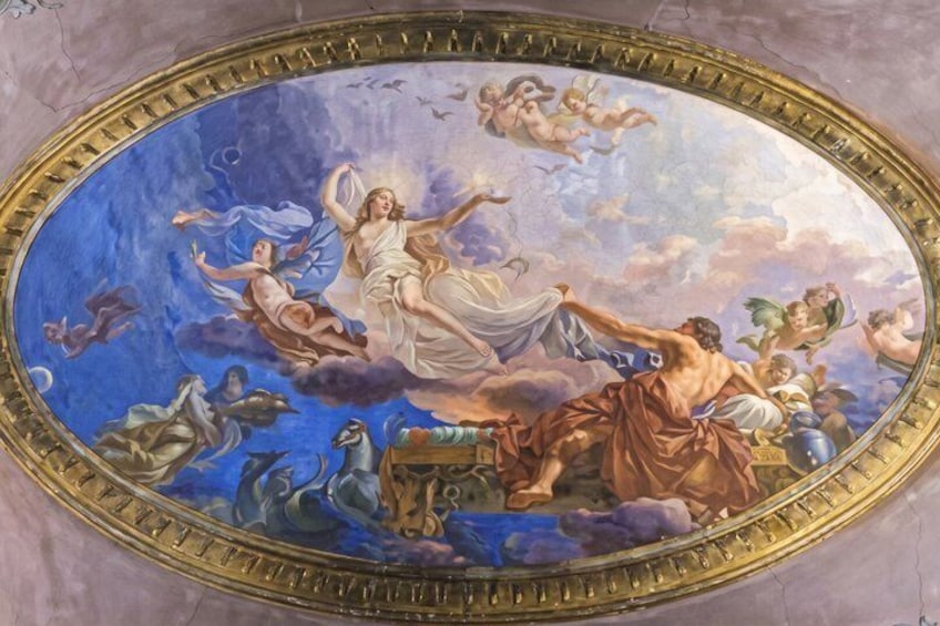 A classical fresco mural with cherubs, a central female figure, and mythological creatures. 3