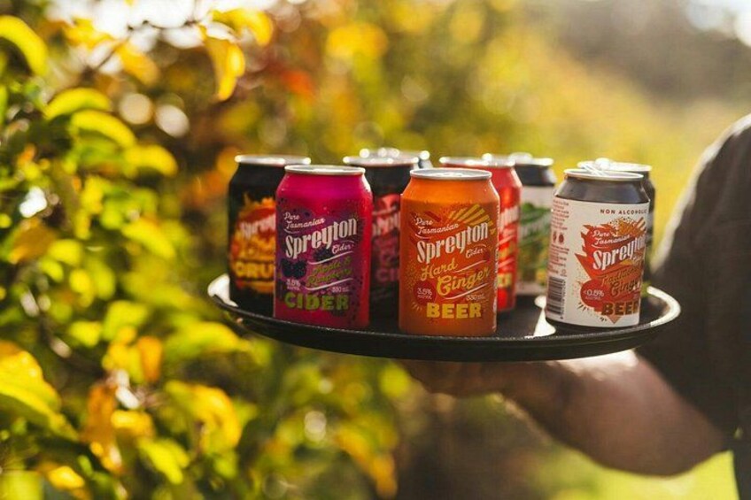 A tray with three cans of Spryton cider and two cans of Spryton hard ginger beer. 4