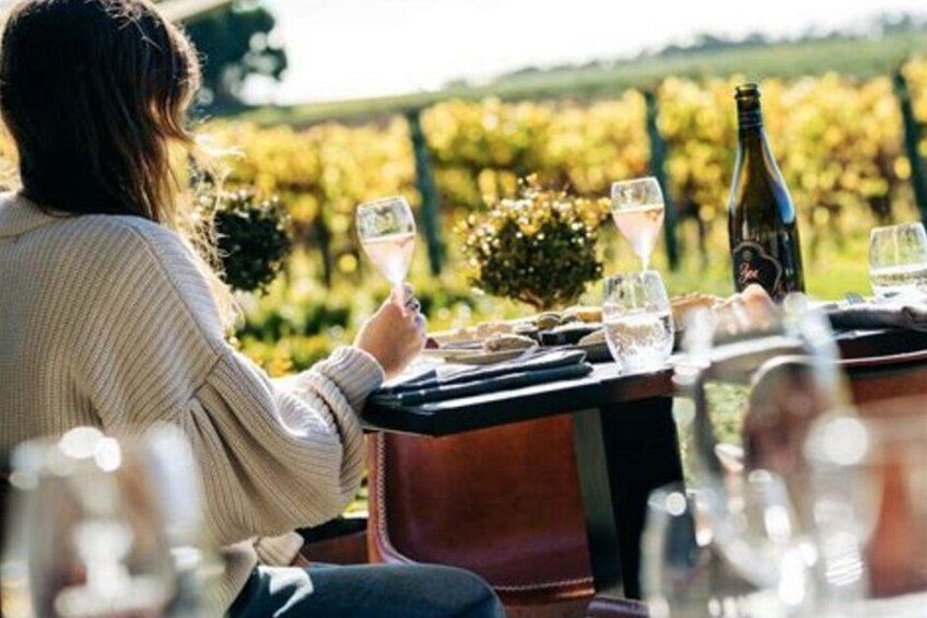 A person sitting at a table outdoors with a bottle of wine and glasses. 1