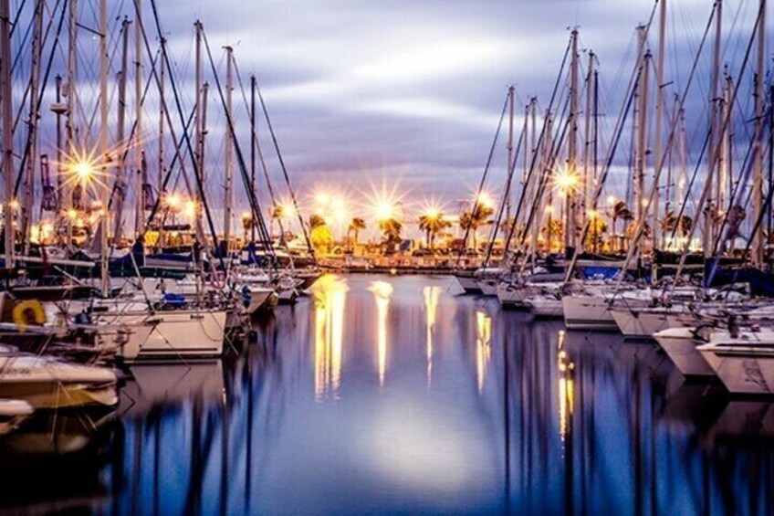 A marina with multiple boats docked, reflecting lights on the water, and palm trees in the background. 3