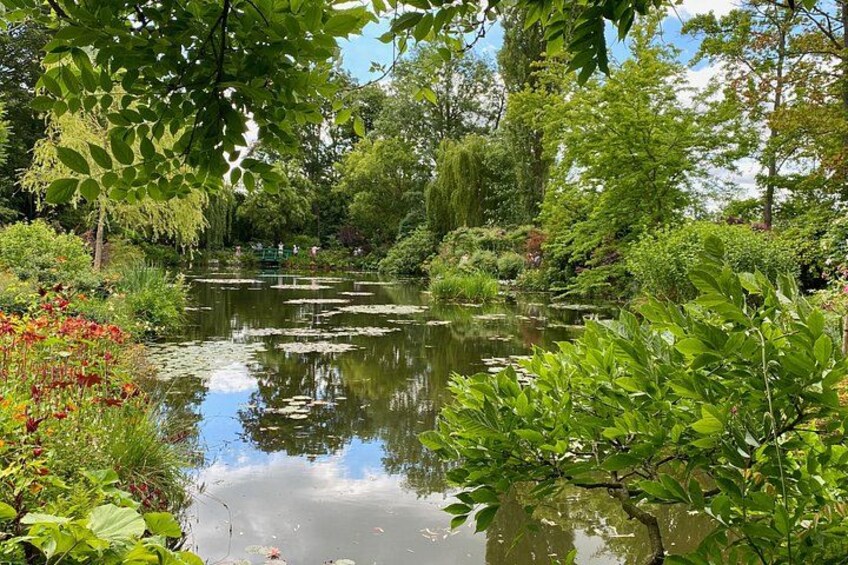 Een vijver omgeven door weelderige begroeiing en bomen. 2