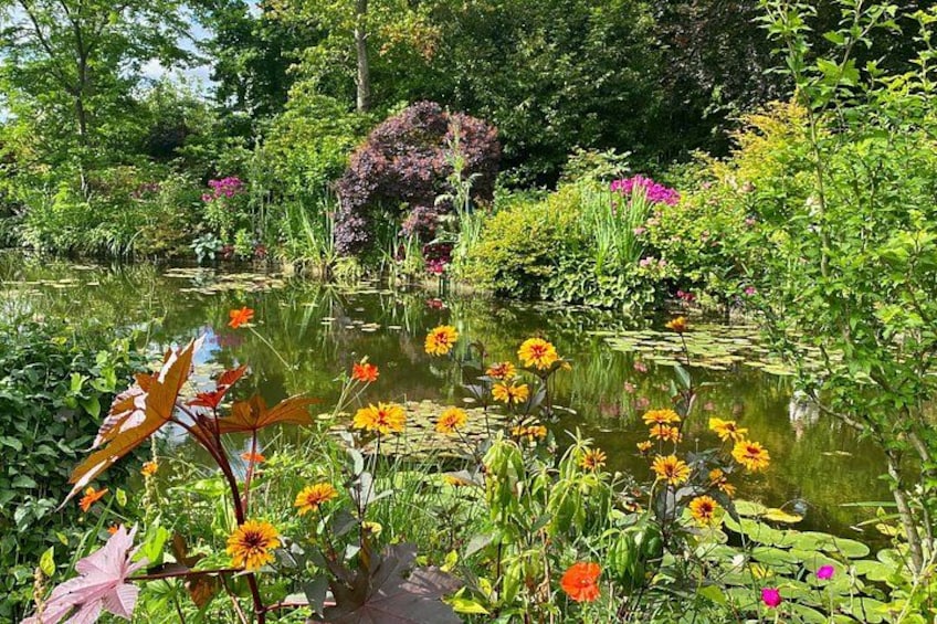 Een vijver met waterlelies en verschillende bloemen, omringd door weelderig groen en bomen. 5