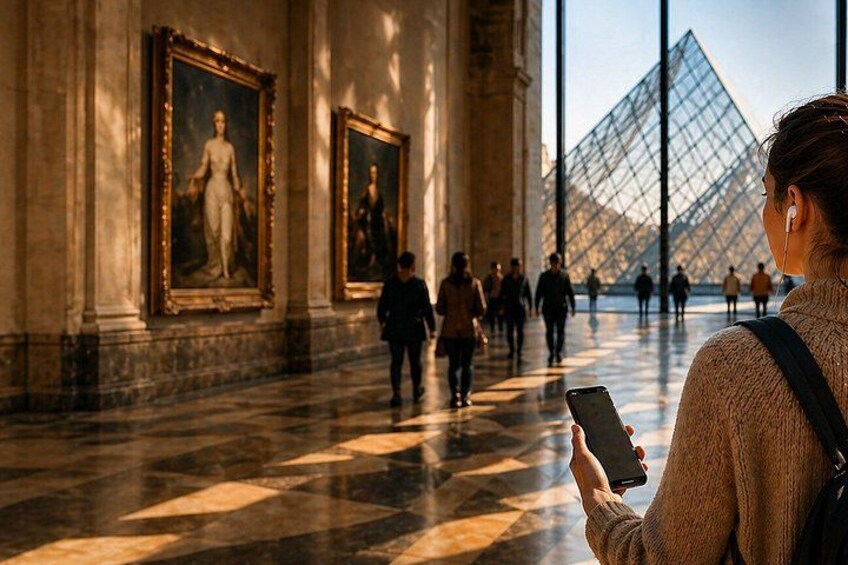 A person taking a photo with a smartphone in a museum corridor with large paintings and the Louvre Pyramid in the background. 3