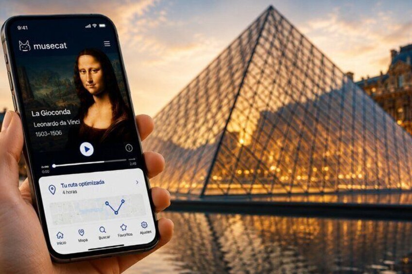 A smartphone with a museum app displaying 'La Gioconda' by Leonardo da Vinci, with a view of the Louvre Pyramid in the background. 1