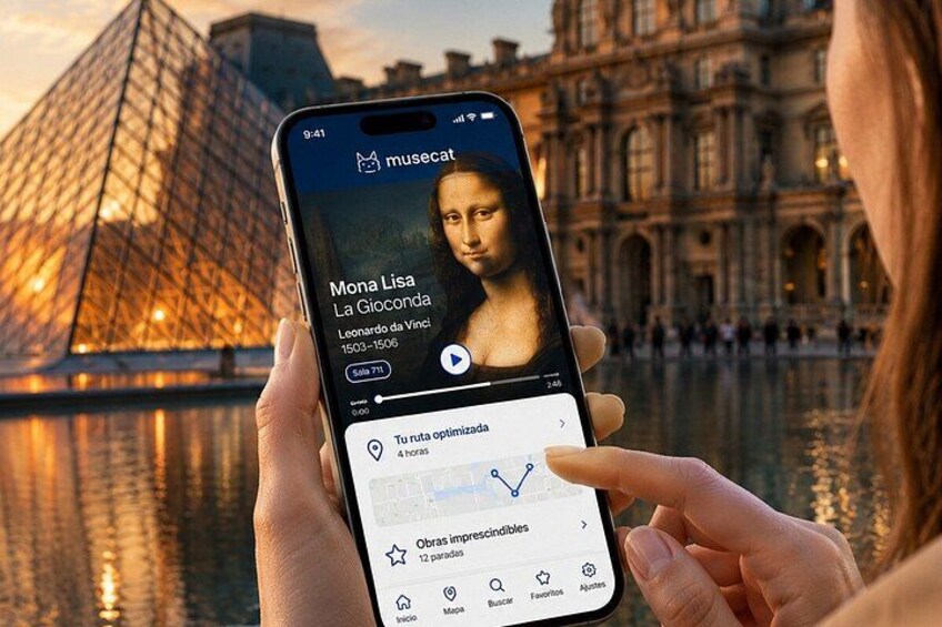 A smartphone displaying an art museum app with a painting of the Mona Lisa. 2