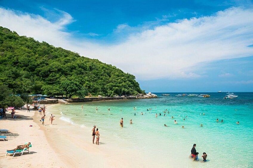 A beach with clear turquoise water, people swimming, and a forested hill in the background. 3