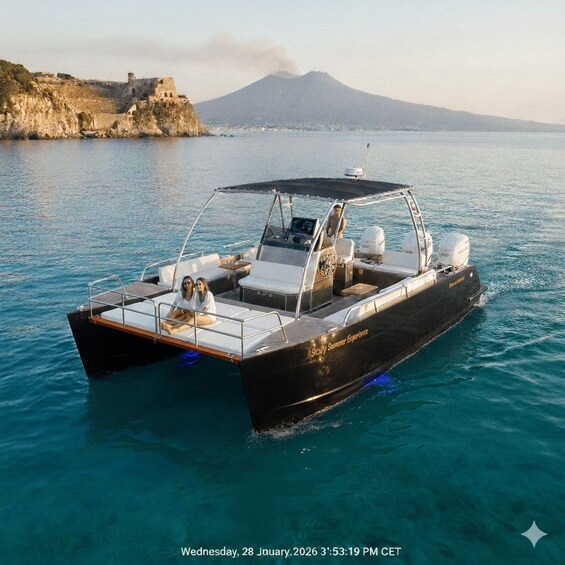 A black motorboat with a canopy, white cushions, and a steering wheel, floating on calm blue water with a mountainous landscape and a fort in the background. 3