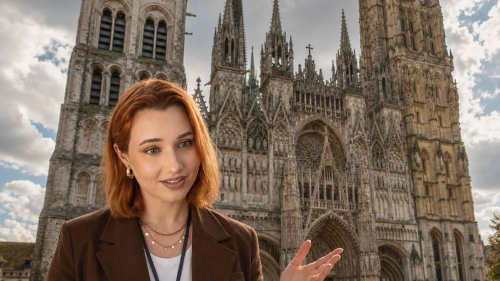 A person in front of a Gothic cathedral with intricate spires and arches. 5