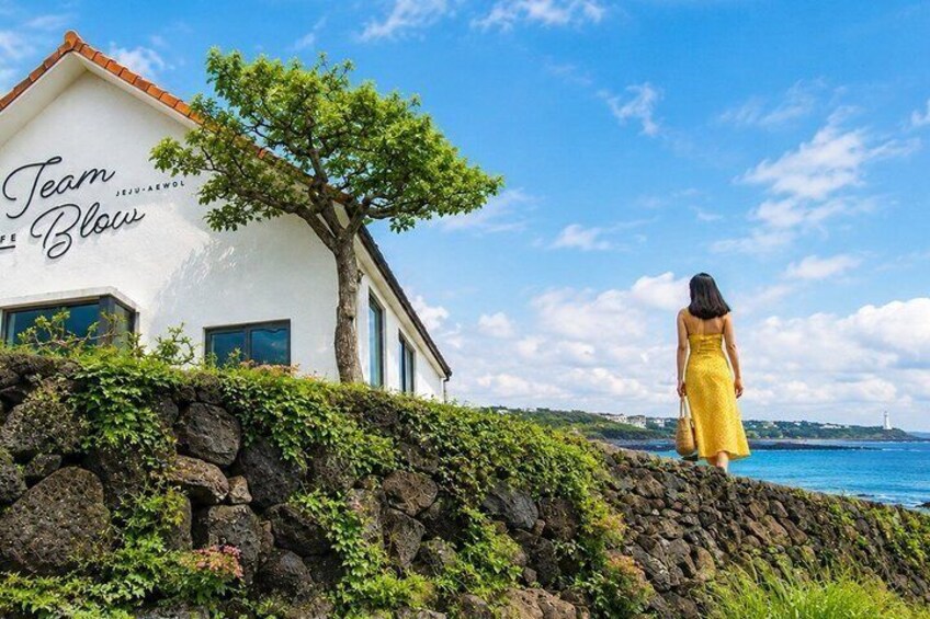 A coastal house with a tree in front, a woman in a yellow dress, and a clear blue sky. 1