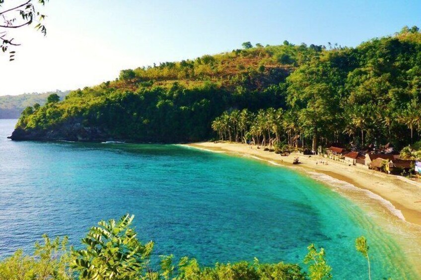 A tropical beach with clear turquoise waters, a sandy shore, and lush greenery on a hillside. 3