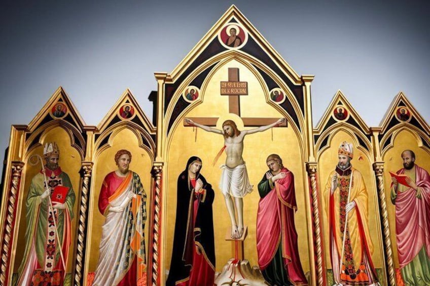 A religious icon with a crucifixion scene, figures in colorful robes, and a golden background. 1