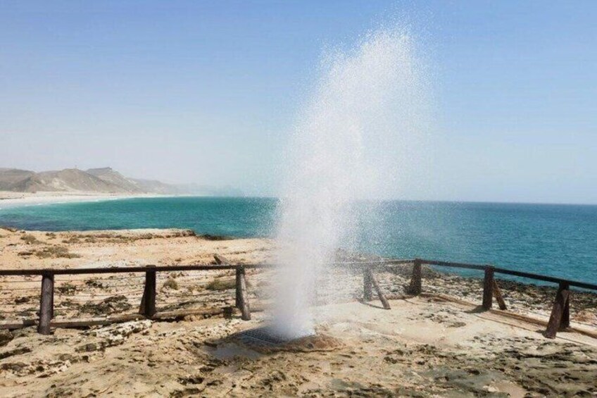 A beach with a geyser, a wooden fence, and a clear sky. 5