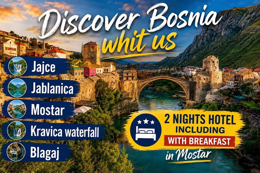 A scenic view of Mostar with a historic bridge, a river, and the cityscape. 1