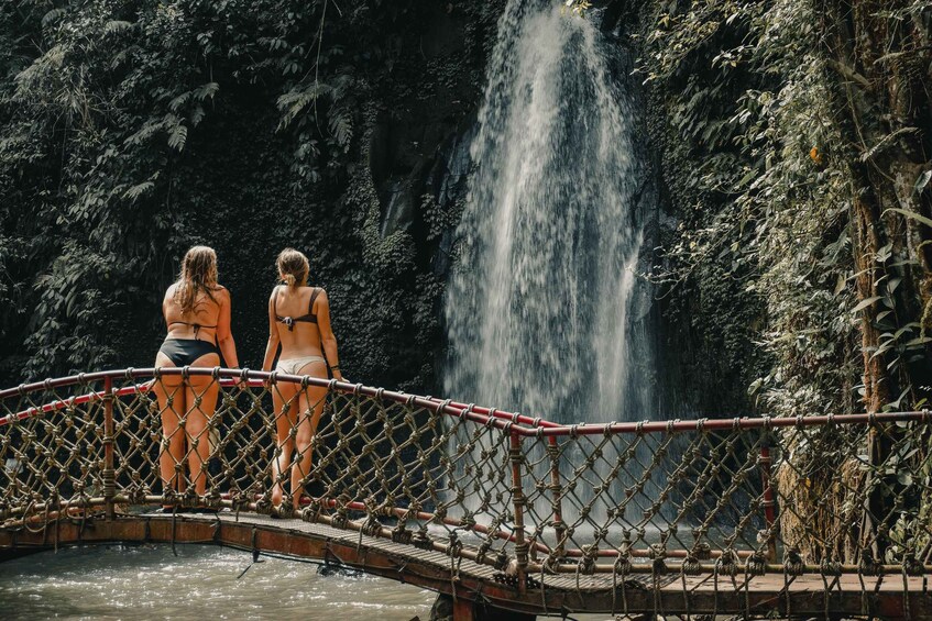 Two women on a rope bridge over a waterfall in a forested area. 4