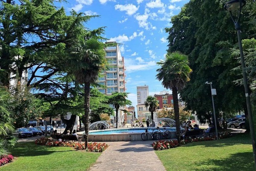 A park with a fountain, palm trees, and a building in the background. 5