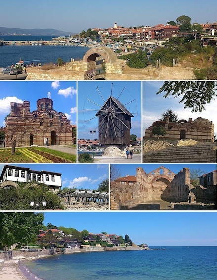 A coastal town with historic architecture, including a church, a wooden structure, and ancient ruins. 3