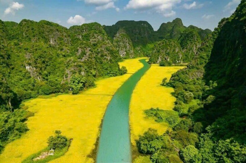 A river winding through a valley with yellow fields on either side and green hills in the background. 3