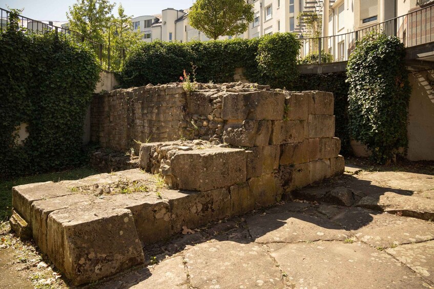 Ancient stone ruins with overgrown vegetation in an urban setting. 3