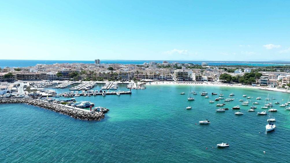 A coastal cityscape with a marina filled with boats, a rocky breakwater, and a sandy beach. 3