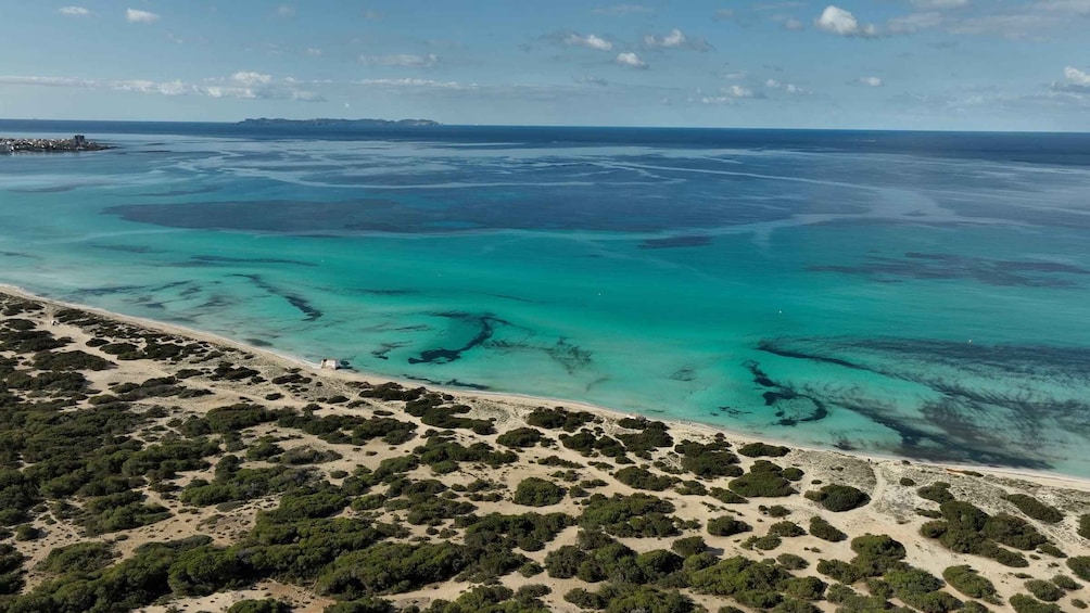 A coastal landscape with a sandy beach, dense green vegetation, and clear turquoise waters. 1