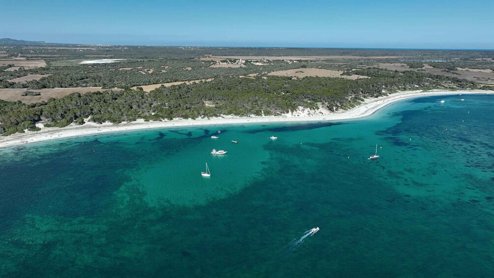 A coastal landscape with clear turquoise waters, a sandy beach, and several boats anchored near the shore. 4