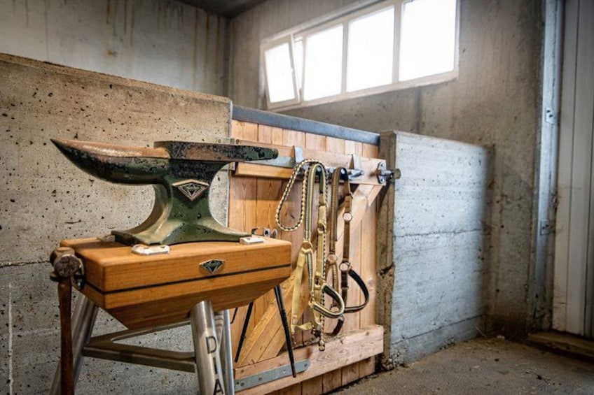 An anvil with a wooden base and a metal stand, tools hanging on the wall, and a window in the background. 3