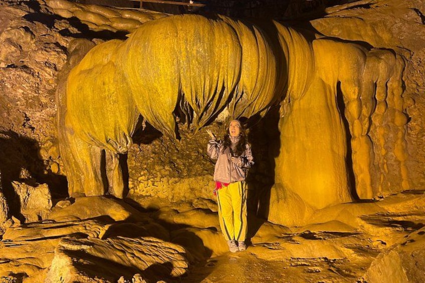 A person standing in front of a large, illuminated cave formation resembling a horse. 4