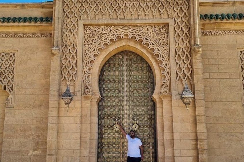 A person standing in front of a large ornate door with intricate carvings and a metal gate. 5