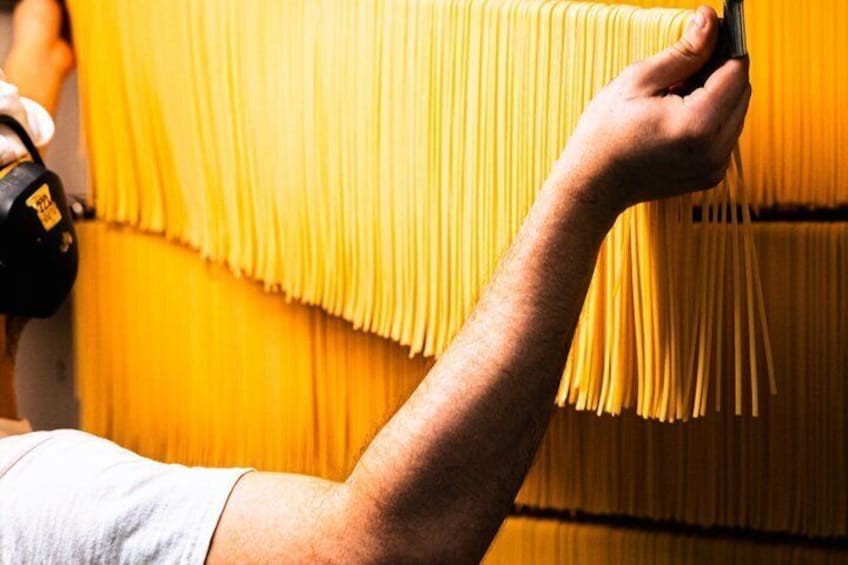 A person holding a bundle of yellow pasta. 1