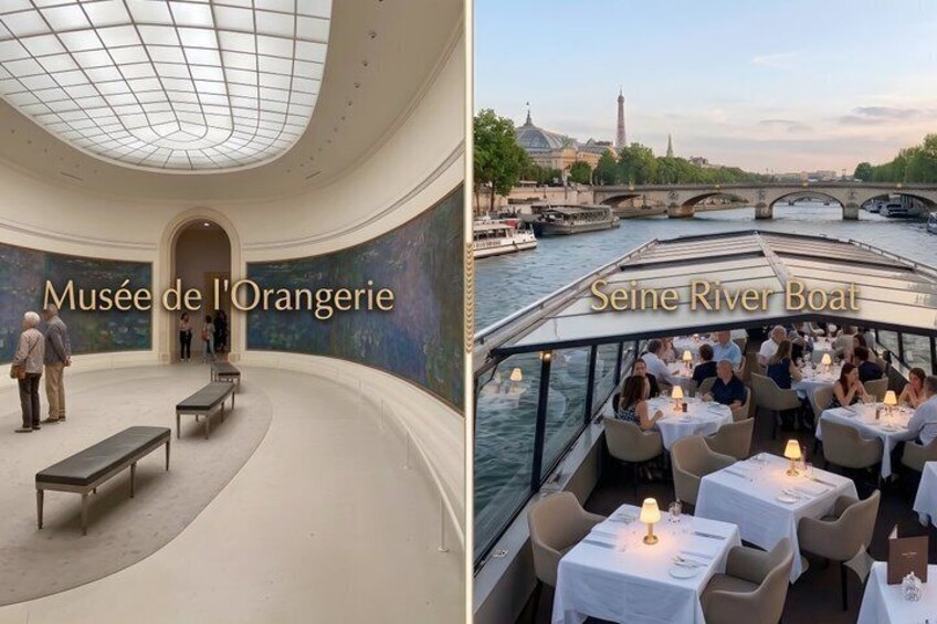 A museum interior and a boat dining area. 1