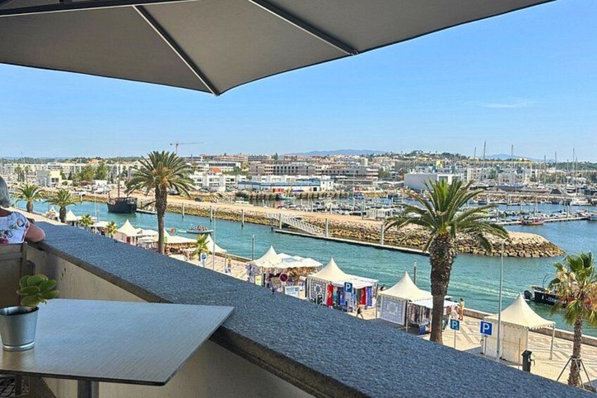 A seaside view with a beach, palm trees, a marina, and a cityscape in the background. 3