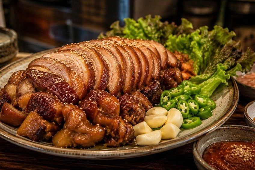 A roasted pork dish with sliced meat, garlic cloves, and green chili peppers on a plate. 5