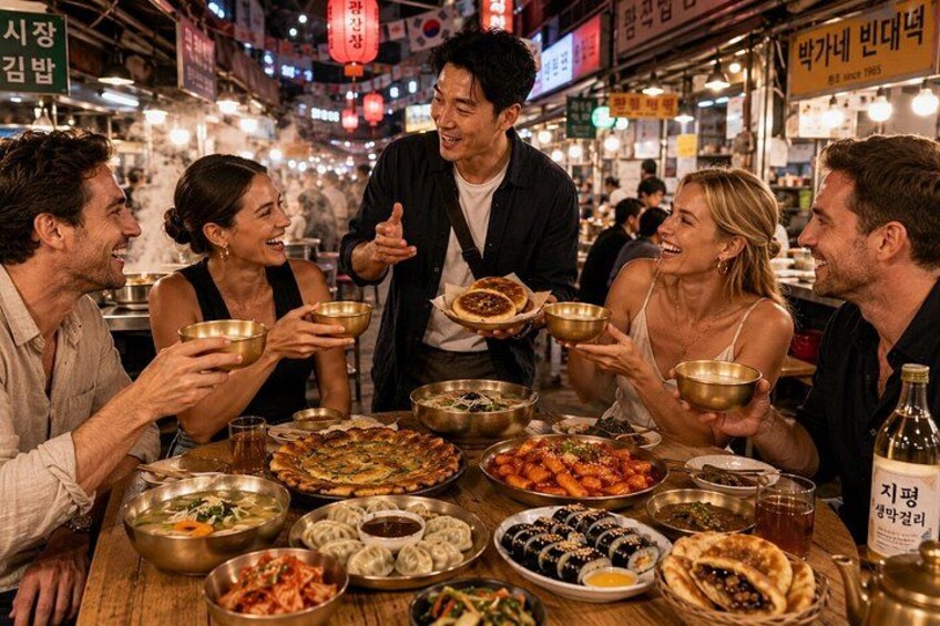 A group of people dining at a table with various dishes and bowls. 2
