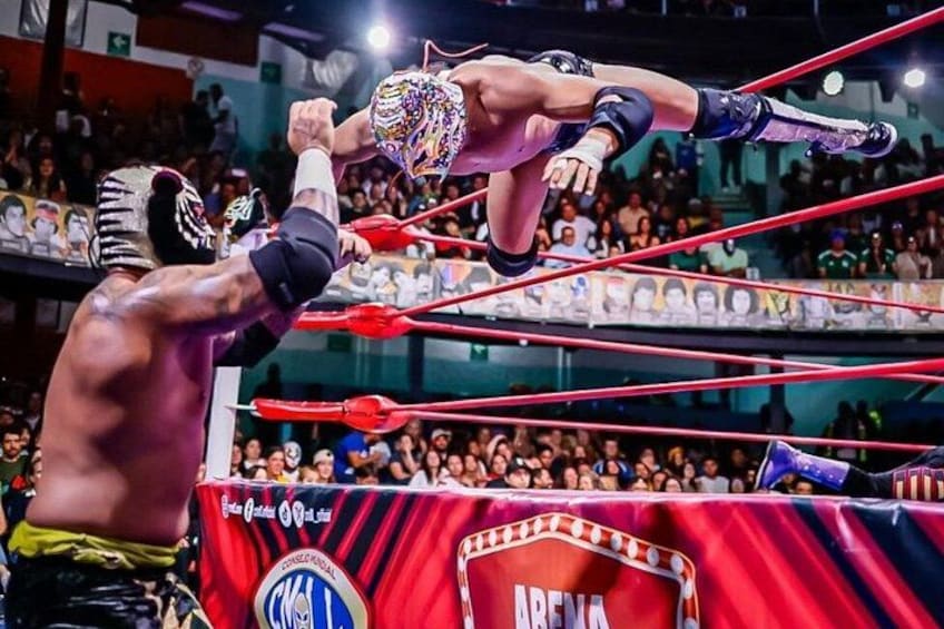 A wrestling match in a ring with ropes and a crowd in the background. 1