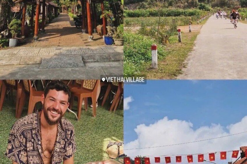 A village path, a dining area, and a clear sky. 3