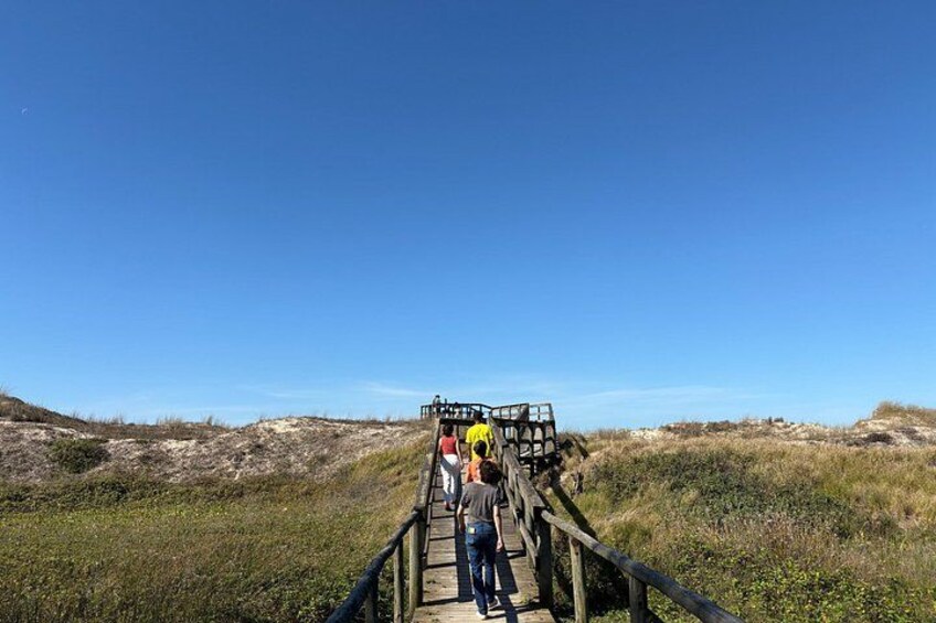 A wooden boardwalk with people walking. 5