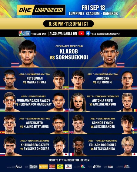 A promotional poster for a Muay Thai event at Lumpinee Stadium, Bangkok, featuring various fighters and match details. 3