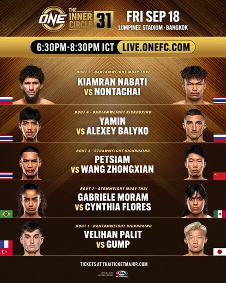 A poster for a Muay Thai event with match details and ticket information. 2