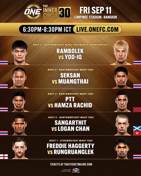 A poster for a Muay Thai event with matchups and details. 2