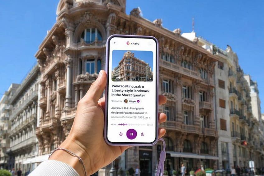 A hand holding a smartphone displaying information about Palazzo Minicucci. 1