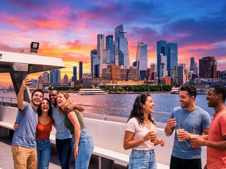 A group of people on a boat with a city skyline in the background. 2