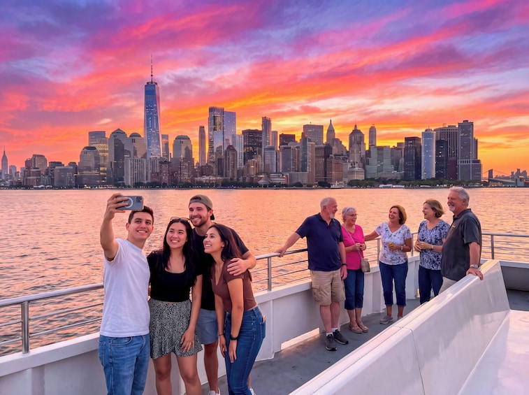 A group of people on a boat with a city skyline and sunset in the background. 3