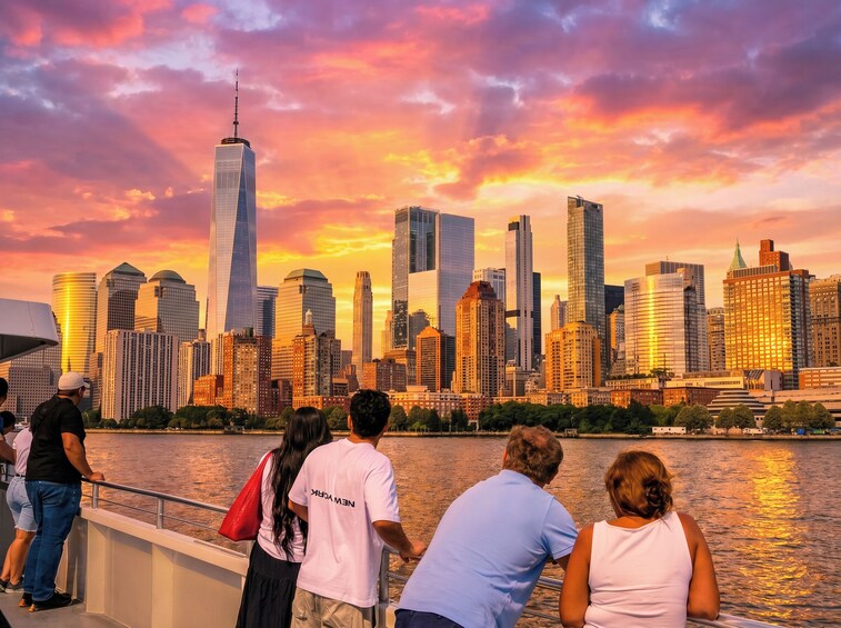 A city skyline at sunset with a river in the foreground. 5