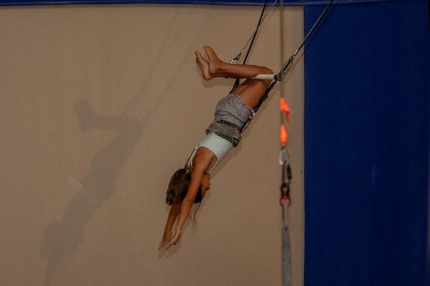 A person performing an aerial acrobatics act, suspended by a harness. 2