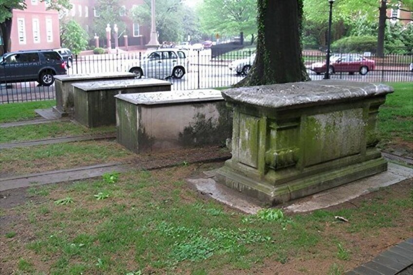 A grassy area with a stone monument and a tree. 4