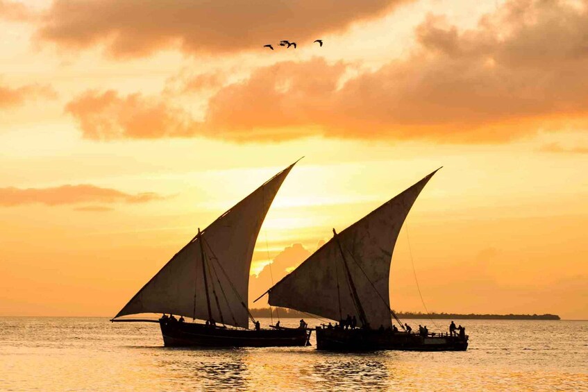 Two sailboats with large sails on a body of water during sunset. 1