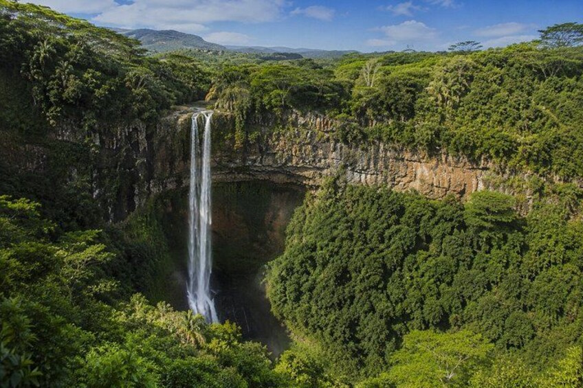 A waterfall cascading down a cliff surrounded by dense forest. 5